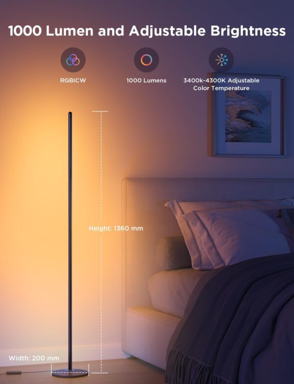 Govee RGBIC Floor Lamp - 1000 Lumen, Alexa Compatible, Music Sync, 16 Million Colors, Modern Corner Lamp - Image 2