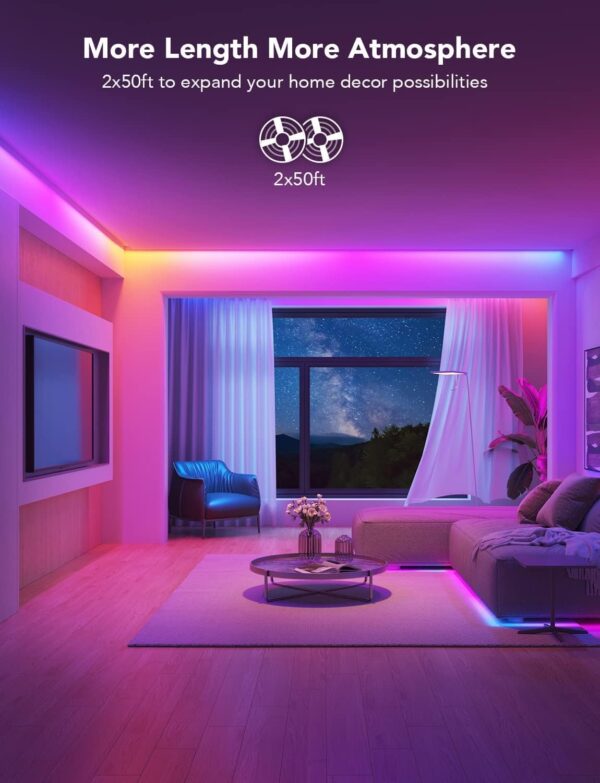 Govee 100ft RGBIC LED Strip Lights - Smart LED, WiFi Control, DIY Colors, Music Sync, Alexa & Google Compatible - Image 3