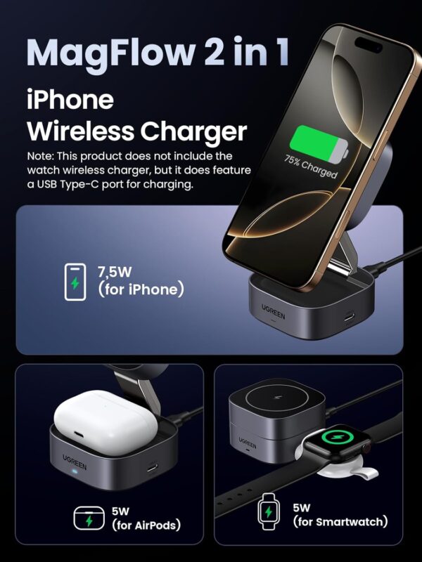 UGREEN MagFlow Magnetic Foldable Charging Station, 2-in-1 Fast Wireless Charger - Image 3